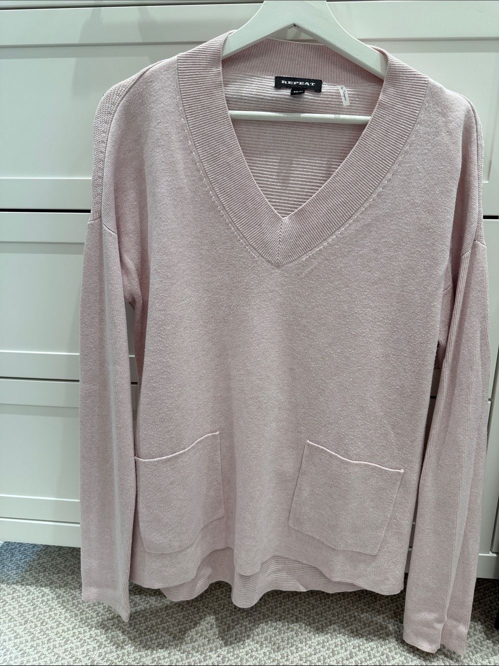 Repeat Cashmere Pink V-Neck Cotton blend V neck Sweater with Pockets
